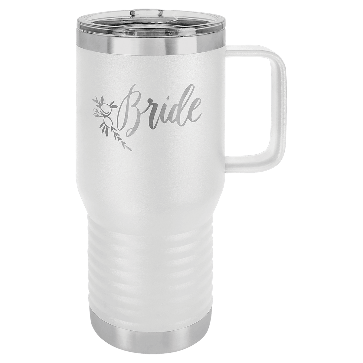 White powder-coated 20 oz. insulated travel mug with a handle, stainless steel band and clear slider lid, shown with a sample engraving