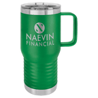 Green powder-coated 20 oz. insulated travel mug with a handle, stainless steel band and clear slider lid, shown with a sample engraving