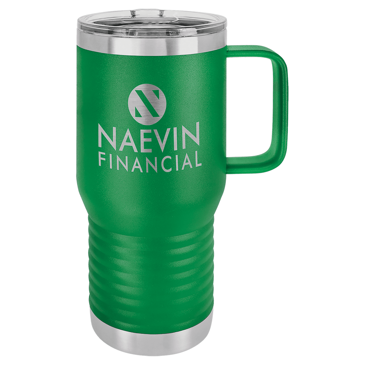 Green powder-coated 20 oz. insulated travel mug with a handle, stainless steel band and clear slider lid, shown with a sample engraving