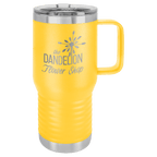 Yellow powder-coated 20 oz. insulated travel mug with a handle, stainless steel band and clear slider lid, shown with a sample engraving