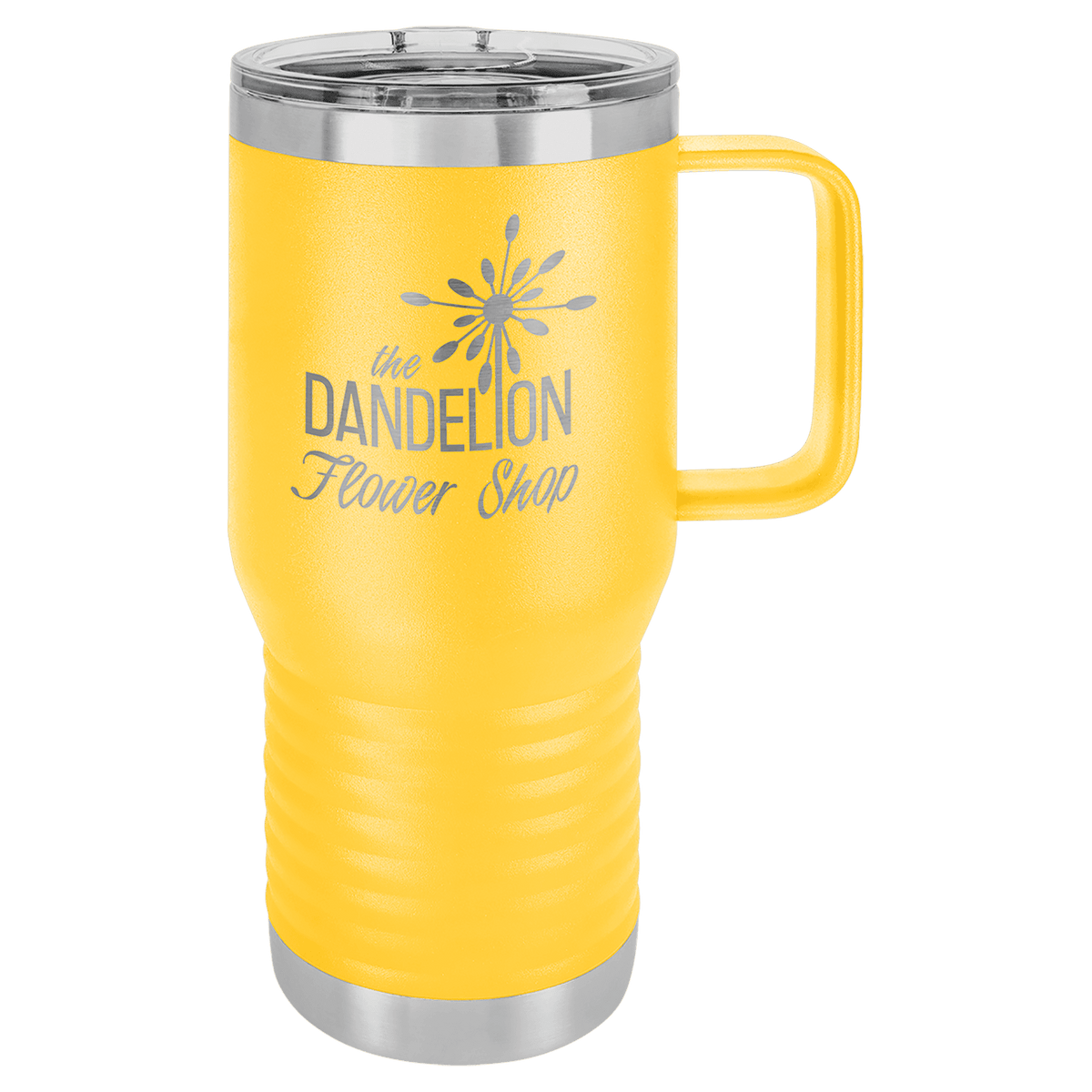Yellow powder-coated 20 oz. insulated travel mug with a handle, stainless steel band and clear slider lid, shown with a sample engraving
