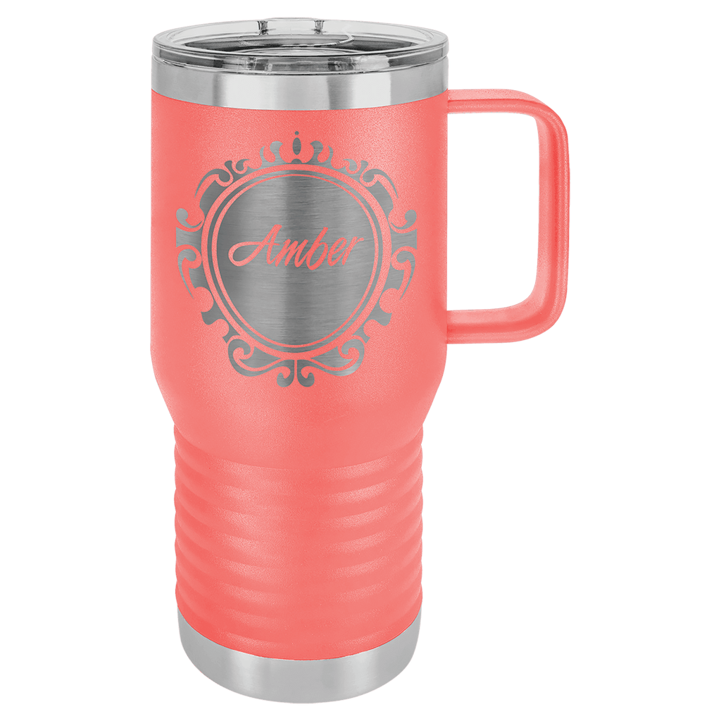 Coral powder-coated 20 oz. insulated travel mug with a handle, stainless steel band and clear slider lid, shown with a sample engraving