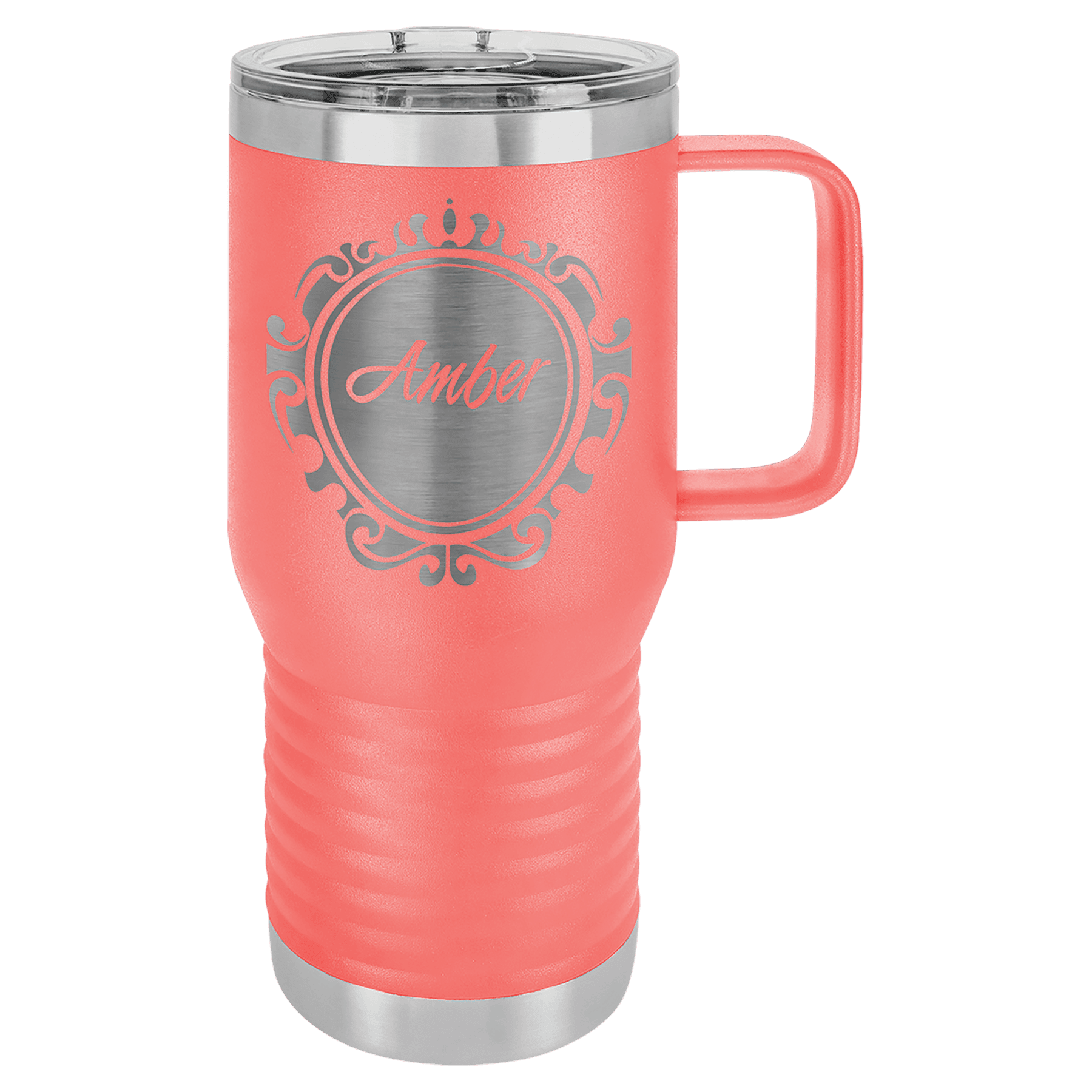 Coral powder-coated 20 oz. insulated travel mug with a handle, stainless steel band and clear slider lid, shown with a sample engraving