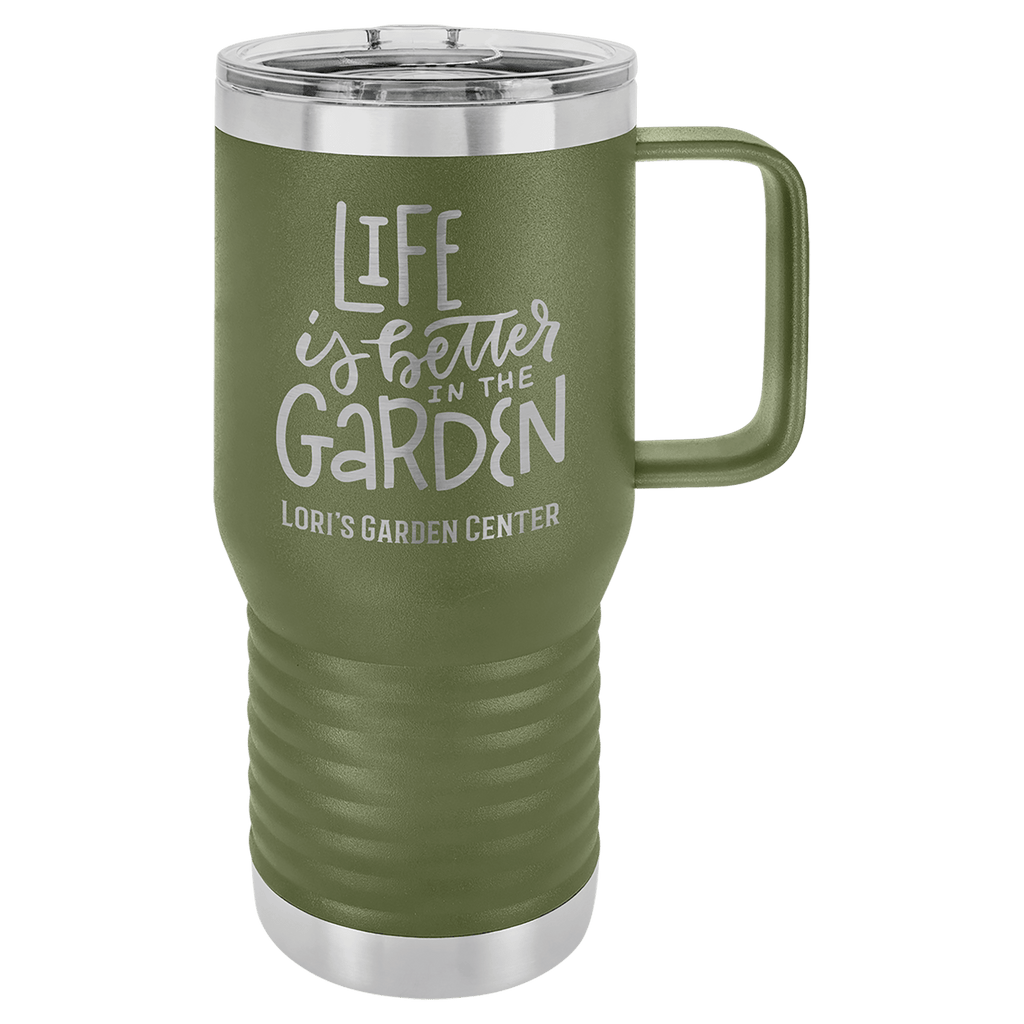 Olive green powder-coated 20 oz. insulated travel mug with a handle, stainless steel band and clear slider lid, shown with a sample engraving