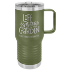 Olive green powder-coated 20 oz. insulated travel mug with a handle, stainless steel band and clear slider lid, shown with a sample engraving