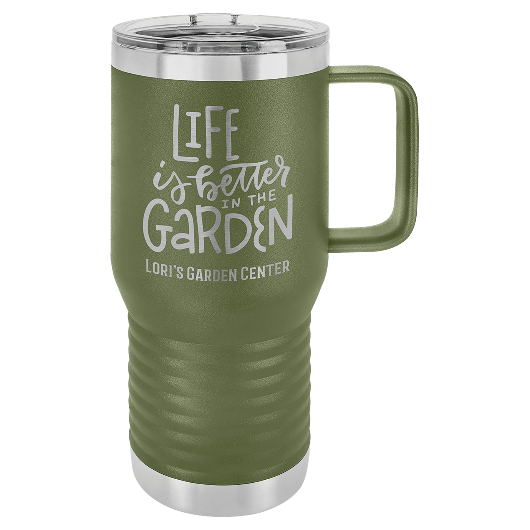Olive green powder-coated 20 oz. insulated travel mug with a handle, stainless steel band and clear slider lid, shown with a sample engraving