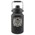 64 oz. black water jug with a laser engraved sample design showing the silver engraving