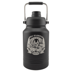 64 oz. black water jug with a laser engraved sample design showing the silver engraving