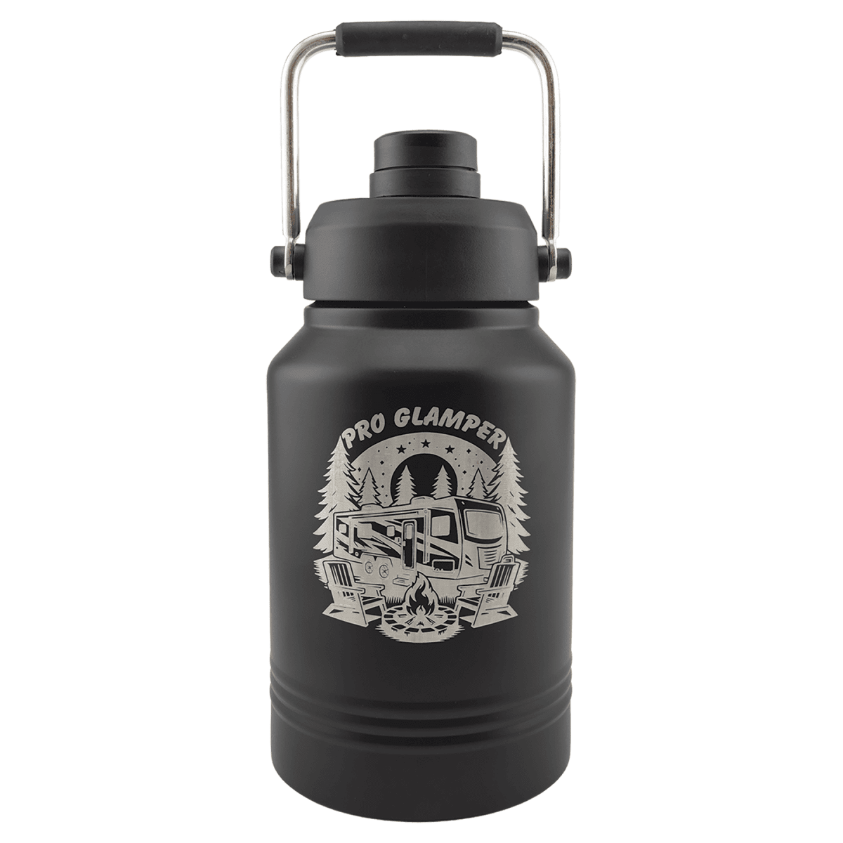 64 oz. black water jug with a laser engraved sample design showing the silver engraving