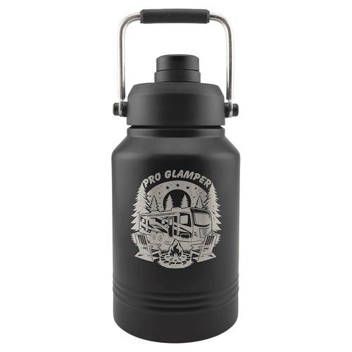64 oz. black water jug with a laser engraved sample design showing the silver engraving