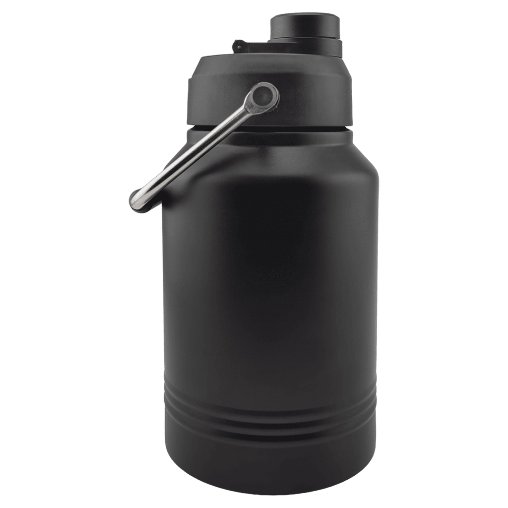 Matte black 64 oz. insulated water jug from the side, carry handle folded down