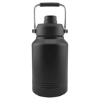 Matte black 64 oz. insulated water jug with a stainless carry handle and chug lid, front view