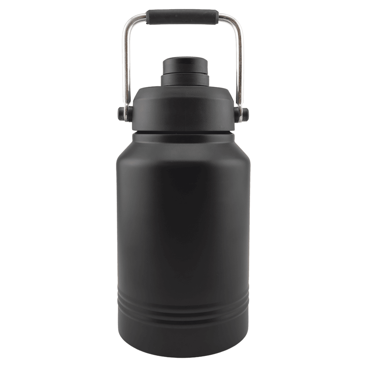Matte black 64 oz. insulated water jug with a stainless carry handle and chug lid, front view