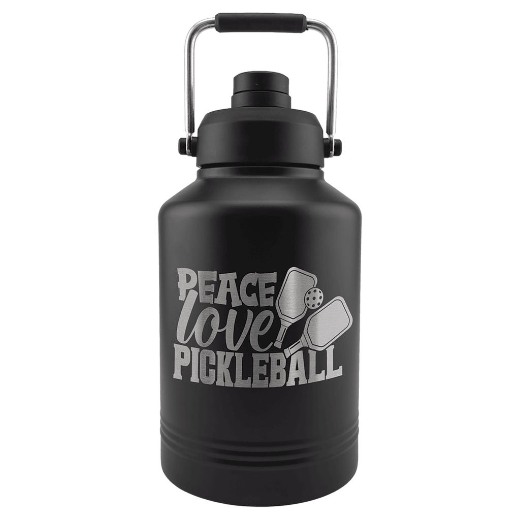 128 oz. black water jug with a laser engraved sample design showing the silver engraving