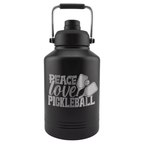 128 oz. black water jug with a laser engraved sample design showing the silver engraving