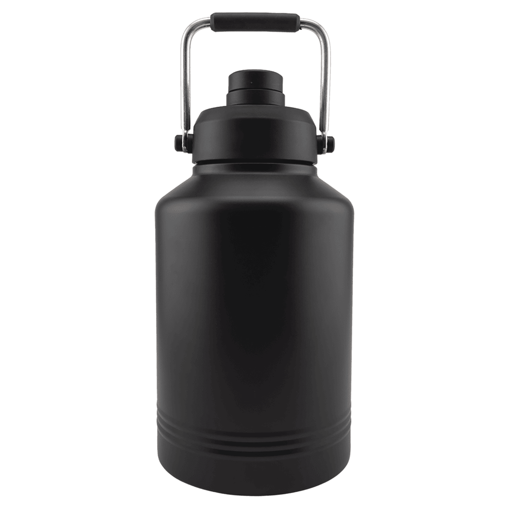 Matte black 128 oz. one gallon insulated water jug with a stainless carry handle, front view