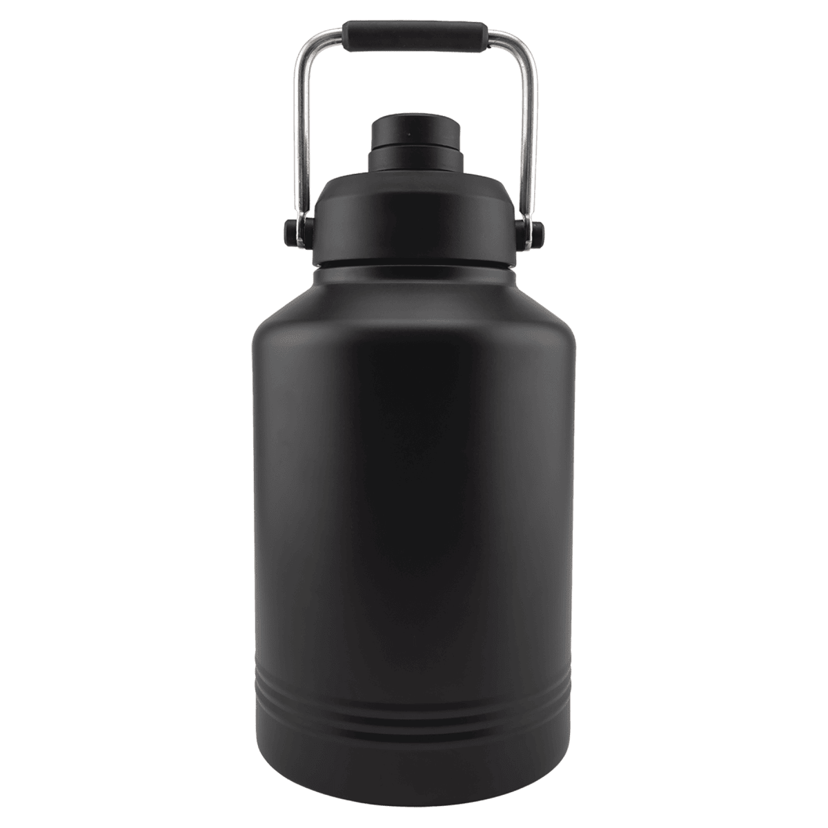 Matte black 128 oz. one gallon insulated water jug with a stainless carry handle, front view