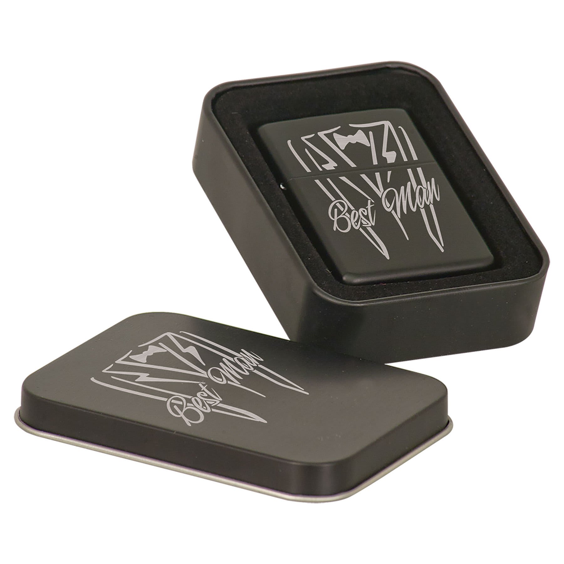 Matte black lighter shown with its black metal presentation tin