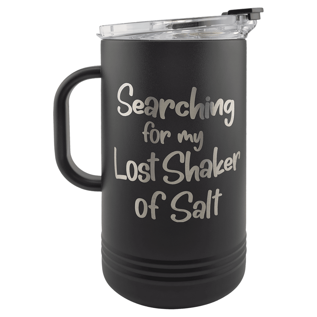 Black insulated 64 oz pitcher with handle and clear lid, engraved with script lettering in silver