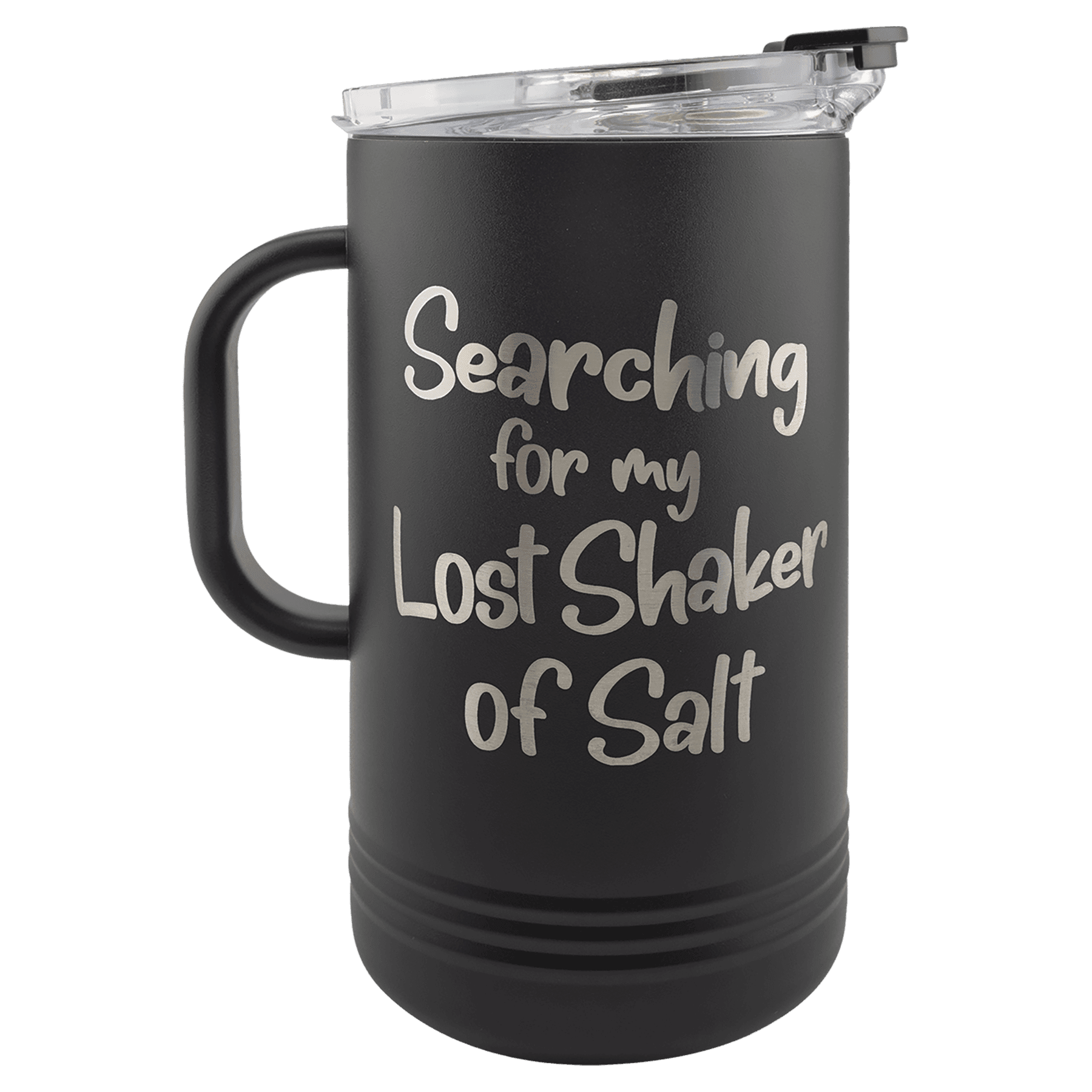 Black insulated 64 oz pitcher with handle and clear lid, engraved with script lettering in silver