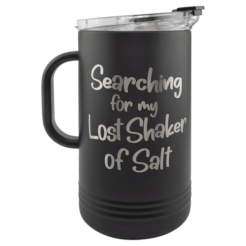 Black insulated 64 oz pitcher with handle and clear lid, engraved with script lettering in silver