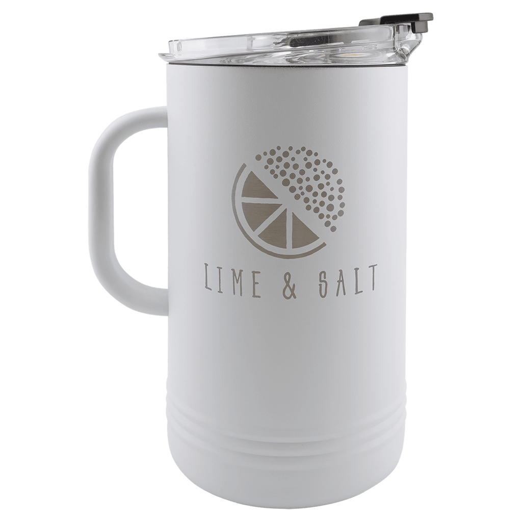 White insulated 64 oz pitcher with handle and clear lid, engraved with a lime and salt logo