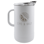 White insulated 64 oz pitcher with handle and clear lid, engraved with a lime and salt logo