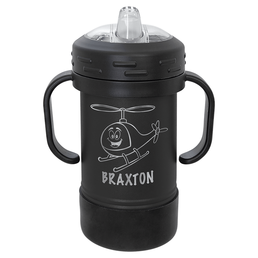 Black powder-coated 10 oz. insulated sippy cup with black handles, black base and spill-proof lid, shown with a sample engraving