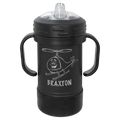 Black powder-coated 10 oz. insulated sippy cup with black handles, black base and spill-proof lid, shown with a sample engraving