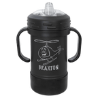 Black powder-coated 10 oz. insulated sippy cup with black handles, black base and spill-proof lid, shown with a sample engraving