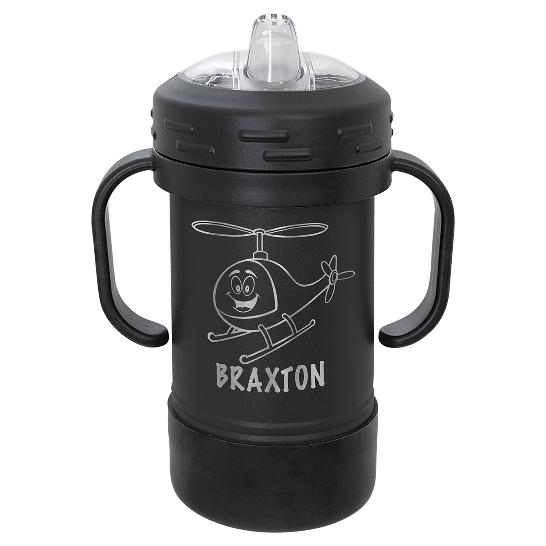 Black powder-coated 10 oz. insulated sippy cup with black handles, black base and spill-proof lid, shown with a sample engraving