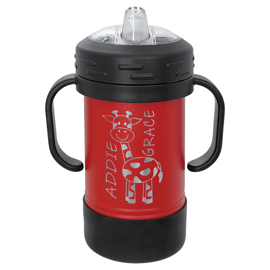 Red powder-coated 10 oz. insulated sippy cup with black handles, black base and spill-proof lid, shown with a sample engraving