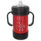Red powder-coated 10 oz. insulated sippy cup with black handles, black base and spill-proof lid, shown with a sample engraving