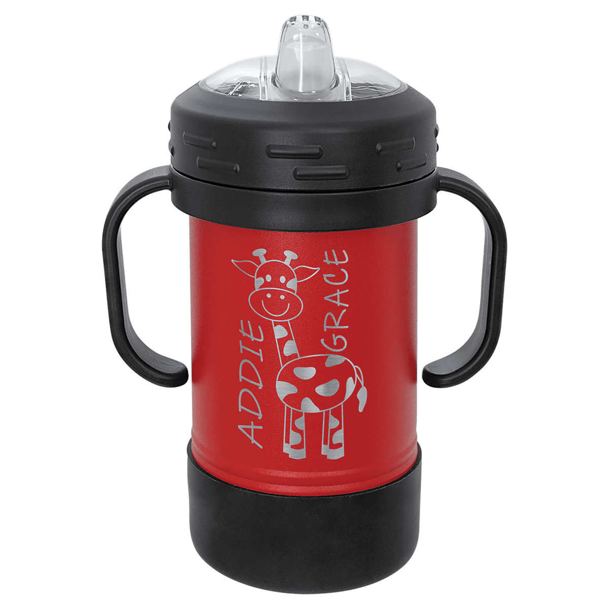 Red powder-coated 10 oz. insulated sippy cup with black handles, black base and spill-proof lid, shown with a sample engraving