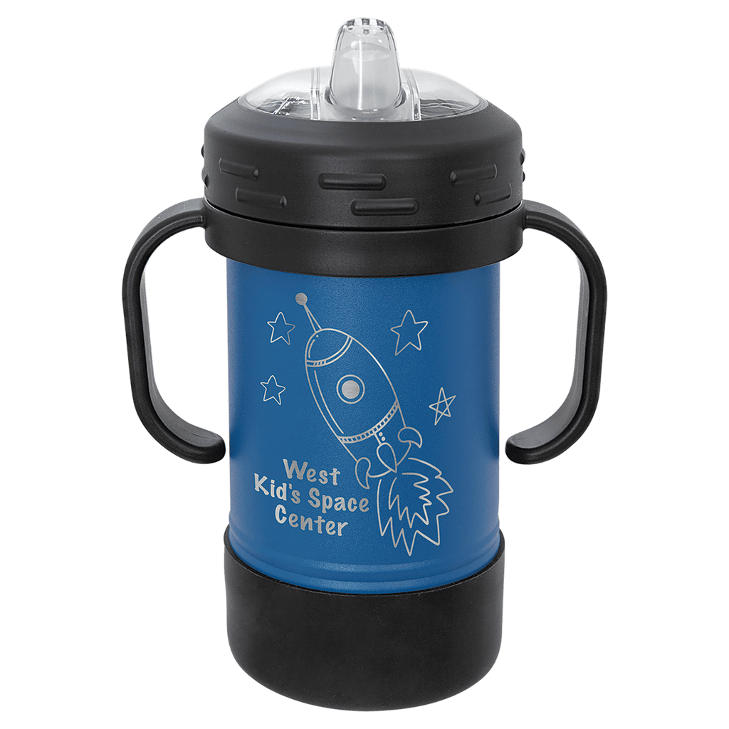 Royal blue powder-coated 10 oz. insulated sippy cup with black handles, black base and spill-proof lid, shown with a sample engraving