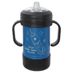 Royal blue powder-coated 10 oz. insulated sippy cup with black handles, black base and spill-proof lid, shown with a sample engraving