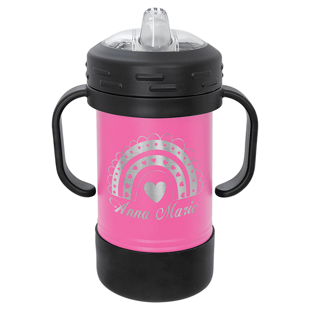 Pink powder-coated 10 oz. insulated sippy cup with black handles, black base and spill-proof lid, shown with a sample engraving