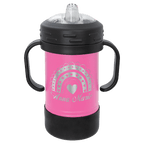 Pink powder-coated 10 oz. insulated sippy cup with black handles, black base and spill-proof lid, shown with a sample engraving