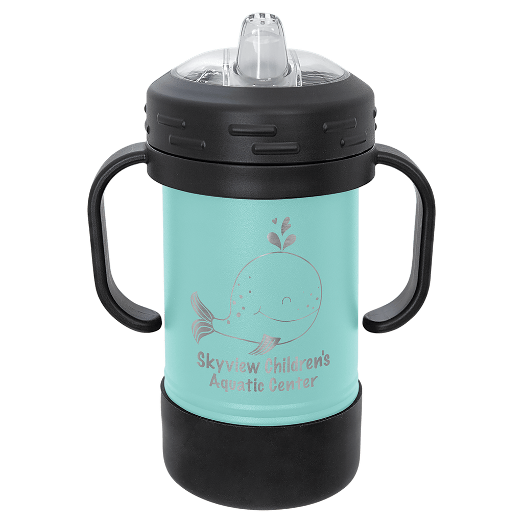 Teal powder-coated 10 oz. insulated sippy cup with black handles, black base and spill-proof lid, shown with a sample engraving