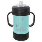 Teal powder-coated 10 oz. insulated sippy cup with black handles, black base and spill-proof lid, shown with a sample engraving