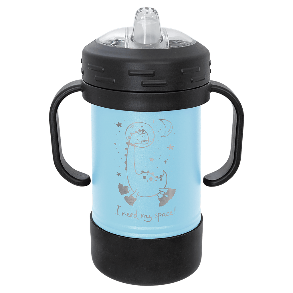 Light blue powder-coated 10 oz. insulated sippy cup with black handles, black base and spill-proof lid, shown with a sample engraving