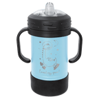 Light blue powder-coated 10 oz. insulated sippy cup with black handles, black base and spill-proof lid, shown with a sample engraving