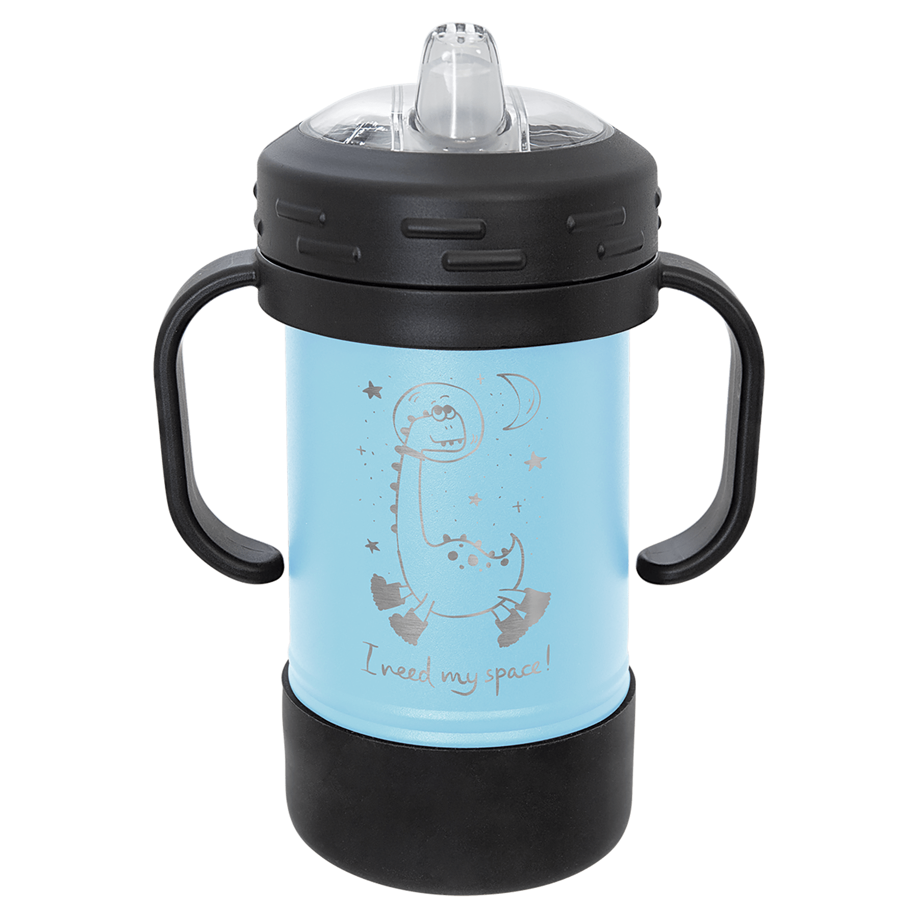 Light blue powder-coated 10 oz. insulated sippy cup with black handles, black base and spill-proof lid, shown with a sample engraving