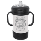 White powder-coated 10 oz. insulated sippy cup with black handles, black base and spill-proof lid, shown with a sample engraving