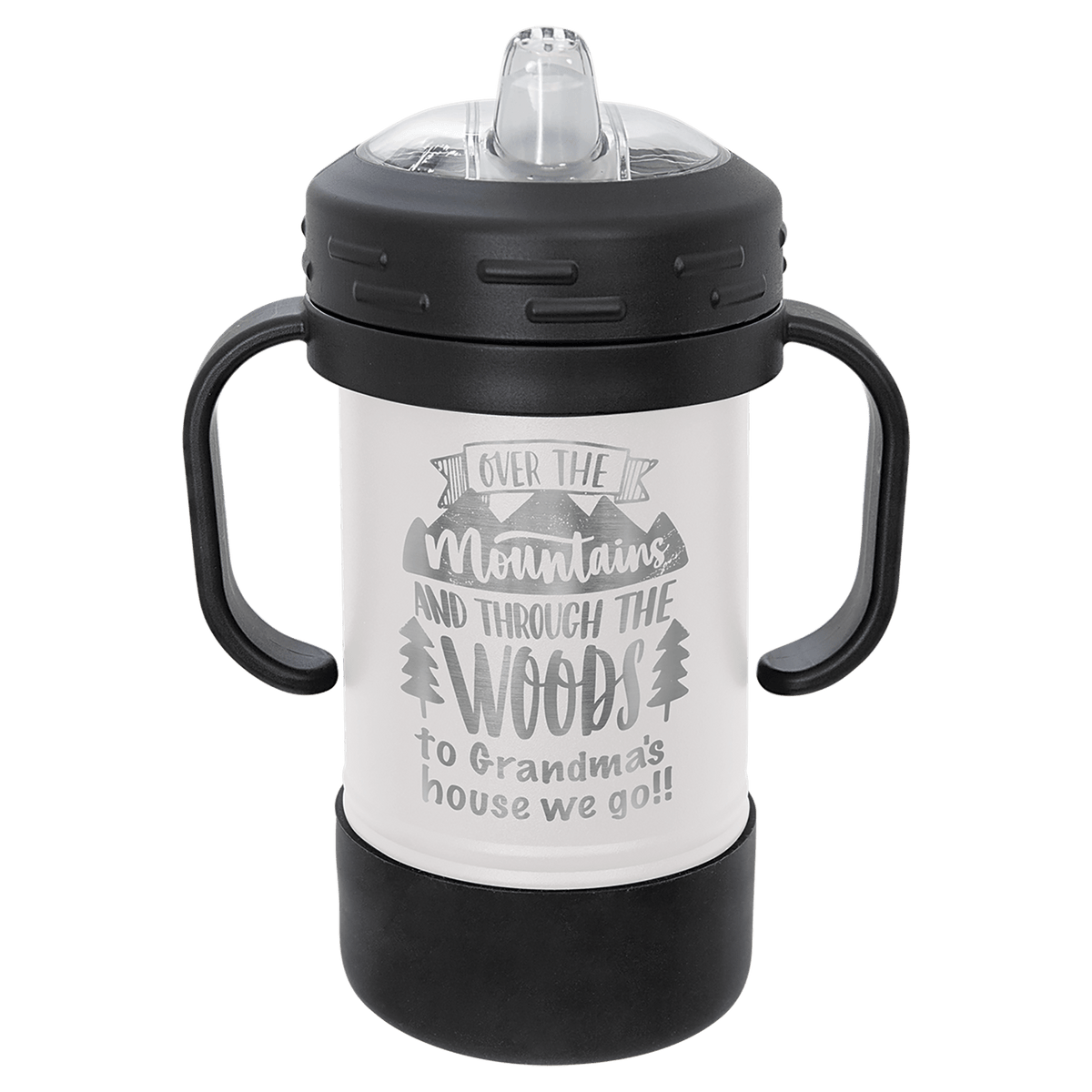 White powder-coated 10 oz. insulated sippy cup with black handles, black base and spill-proof lid, shown with a sample engraving