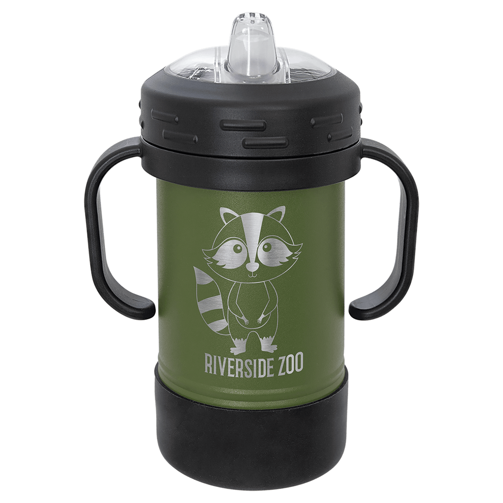 Olive green powder-coated 10 oz. insulated sippy cup with black handles, black base and spill-proof lid, shown with a sample engraving