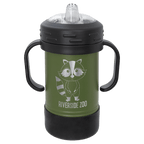 Olive green powder-coated 10 oz. insulated sippy cup with black handles, black base and spill-proof lid, shown with a sample engraving