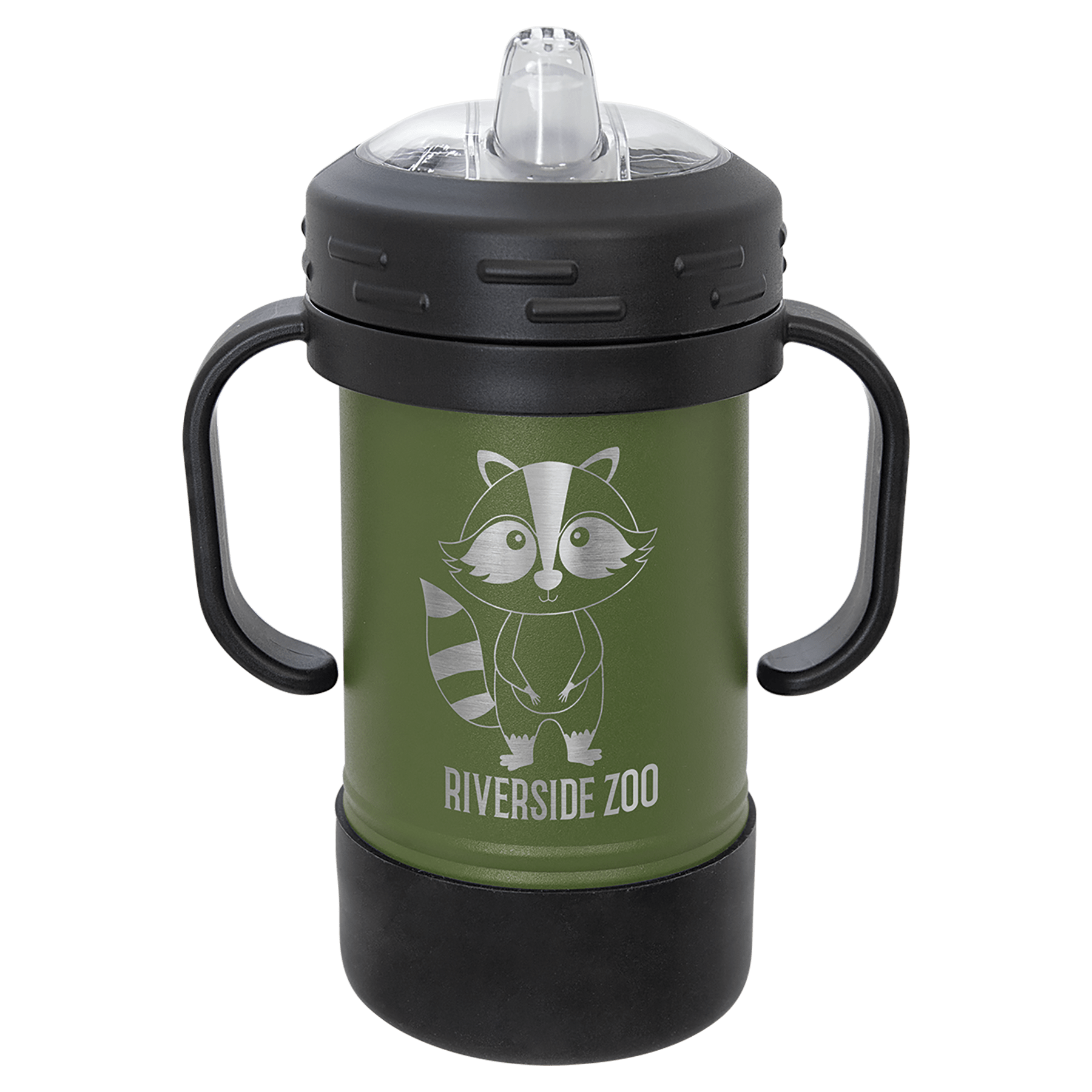 Olive green powder-coated 10 oz. insulated sippy cup with black handles, black base and spill-proof lid, shown with a sample engraving