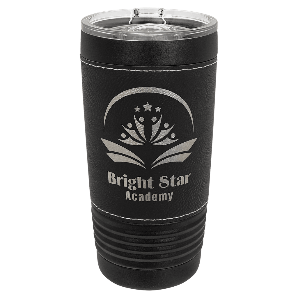 Black 20 oz. tumbler with a black leatherette wrap that engraves to silver, and a clear slider lid, shown with a sample engraving