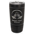 Black 20 oz. tumbler with a black leatherette wrap that engraves to silver, and a clear slider lid, shown with a sample engraving